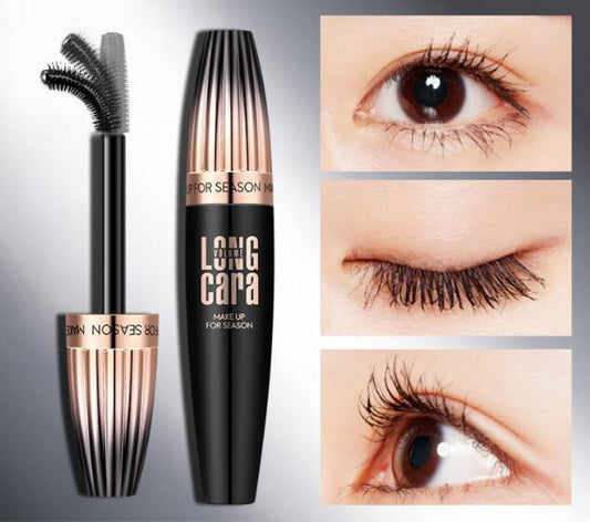 4D Silk Fiber Lash Mascara in black, featuring a unique brush for lengthening and volumizing lashes.