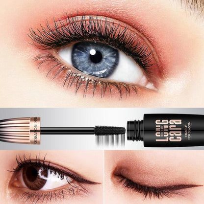 4D Silk Fiber Lash Mascara in black displayed with vibrant lashes, enhancing eye beauty and drama.