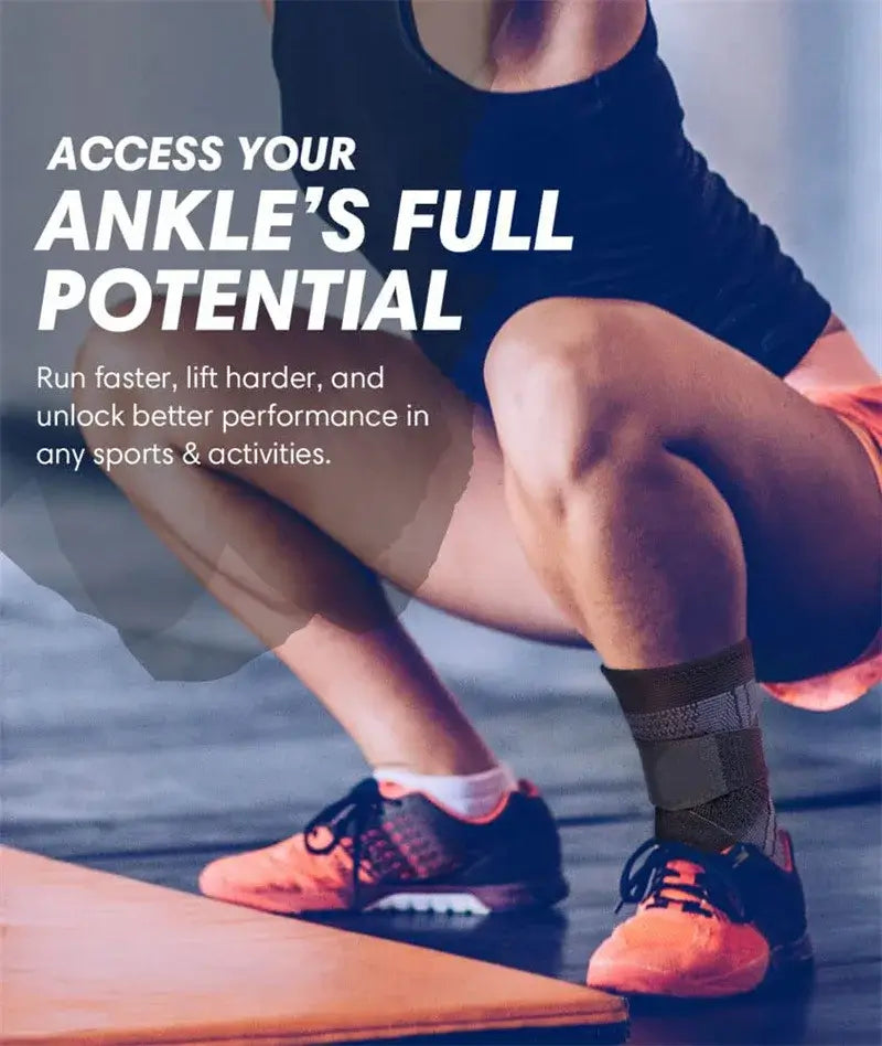 Athlete wearing ankle brace while squatting, promoting performance in sports and activities.