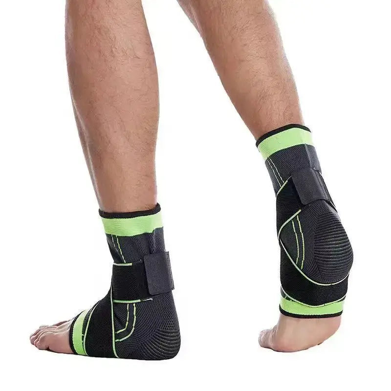 Ankle brace protector in black and green on a person's ankles, providing support and stability for gym activities.