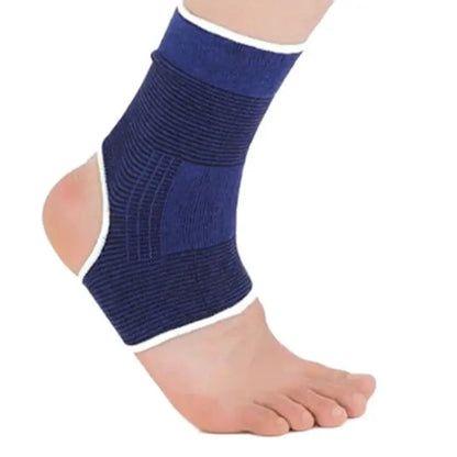 Navy blue ankle brace protector for support and stabilization during physical activity and recovery from sprains.
