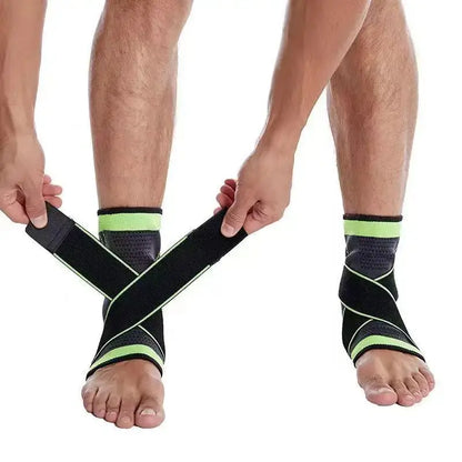 Person securing a black and green ankle brace protector for support and injury prevention.