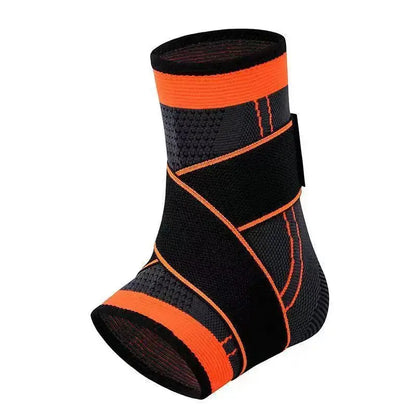 Ankle brace protector with black and orange design for ankle support during sports and recovery.