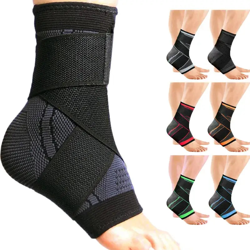 Ankle brace protector in black, featuring adjustable support straps, shown on feet demonstrating various color options.