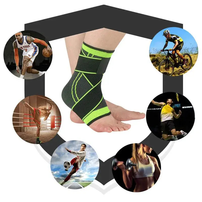 Ankle brace protector displayed on a foot, surrounded by action images of various sports activities.